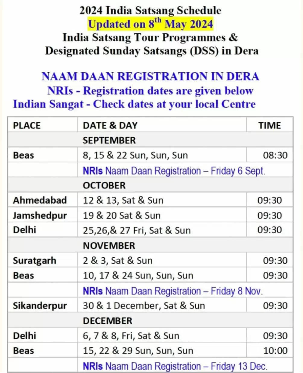 RSSB SATSANG SCHEDULE 2024-25